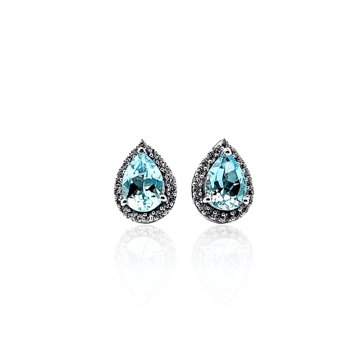 Estate Sterling Silver Pear Cut Blue Topaz & Cubic Zirconia Halo Stud Earrings