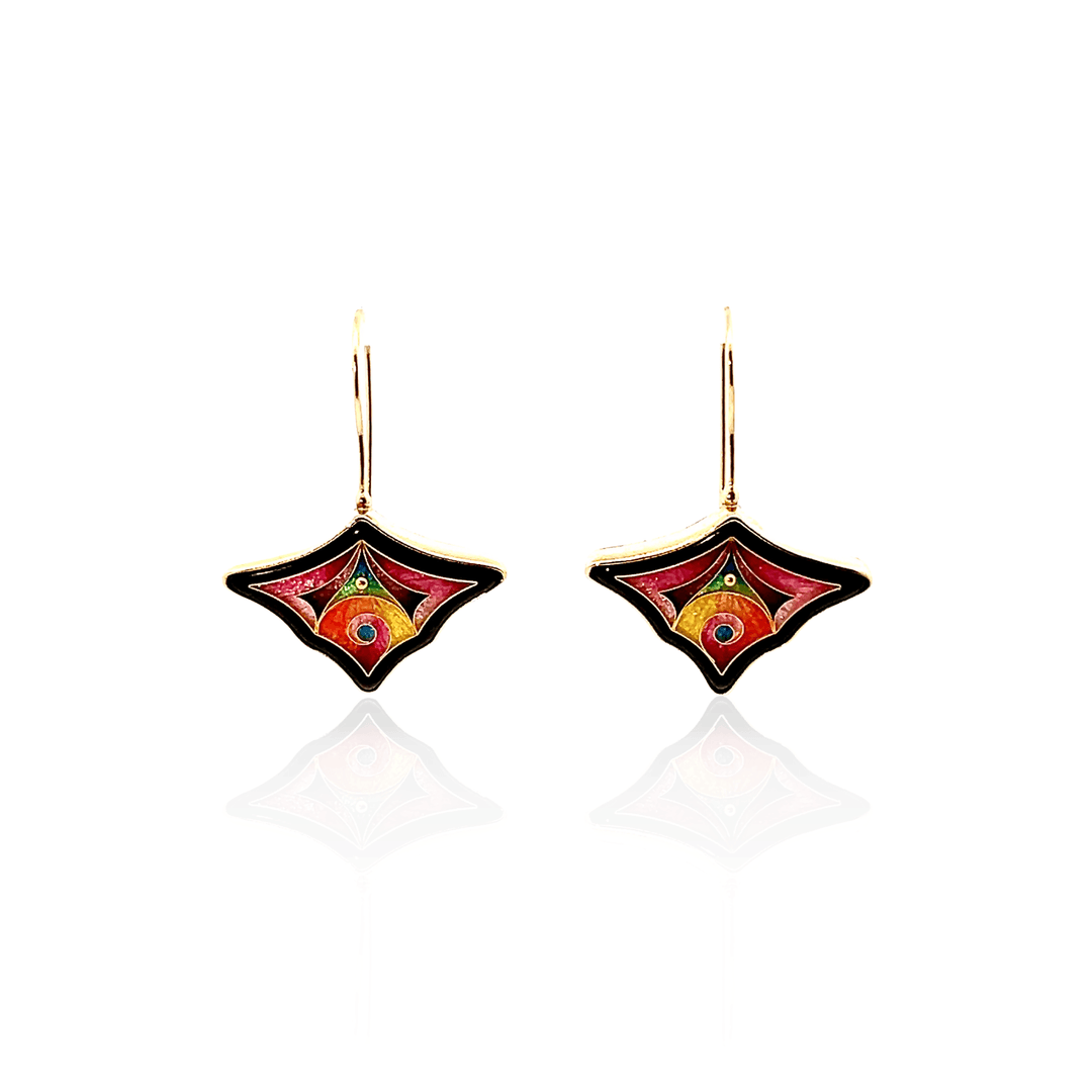 18K Yellow Gold & Sterling Silver Falcher Fusager "Magick" Triangular Enamel Earrings