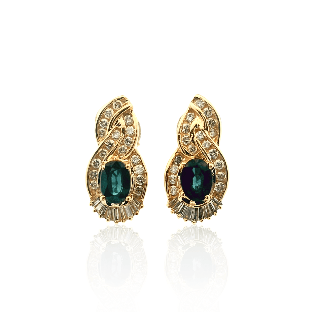 Estate 14K Yellow Gold 3.22CTW Oval Sapphire & Diamond Halo Drop Earrings