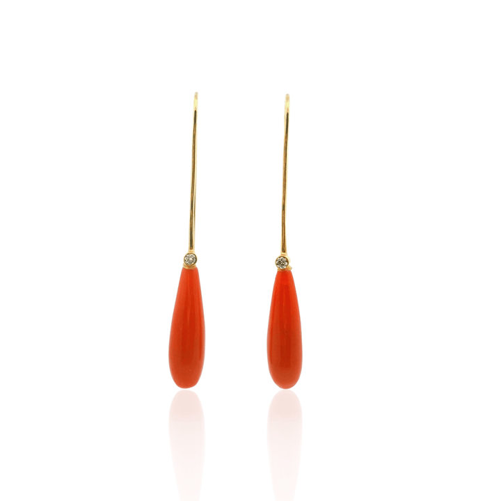 Estate 18K Yellow Gold Coral & Diamond Vintage Drop Earrings