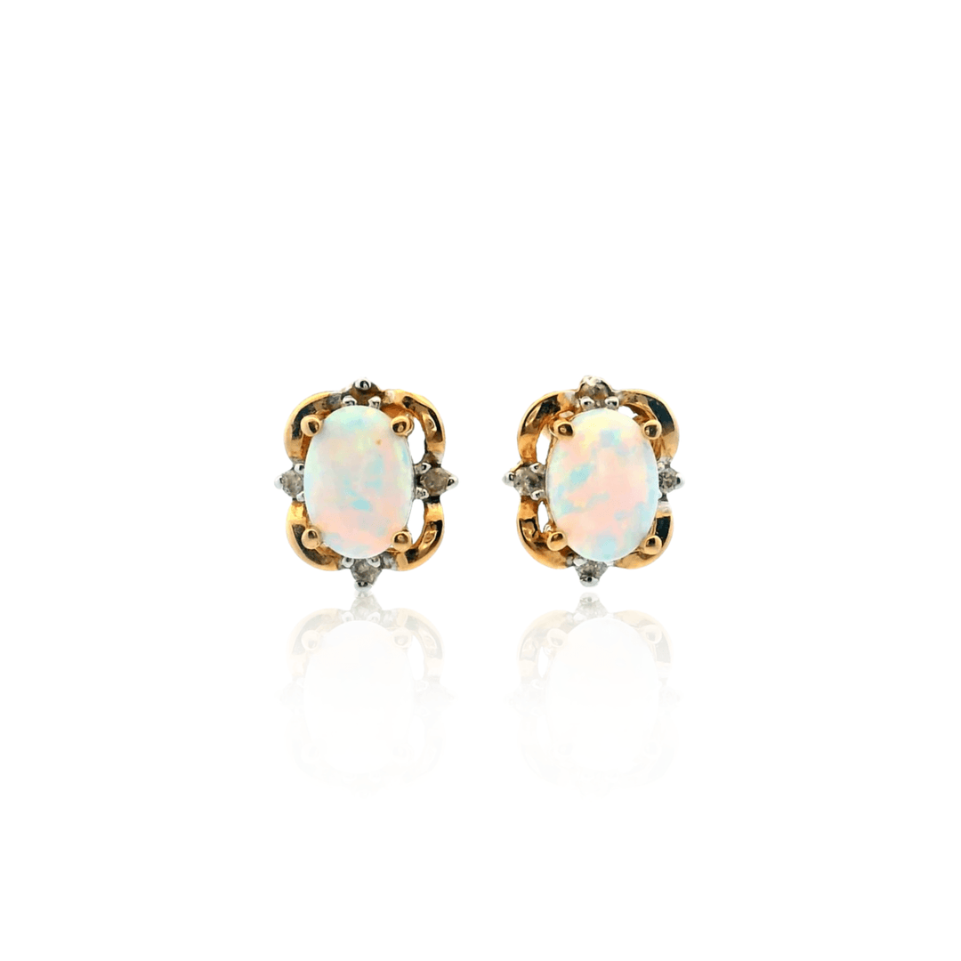 Estate 14K Yellow Gold 1.06CTW Oval Opal & Diamond Stud Earrings