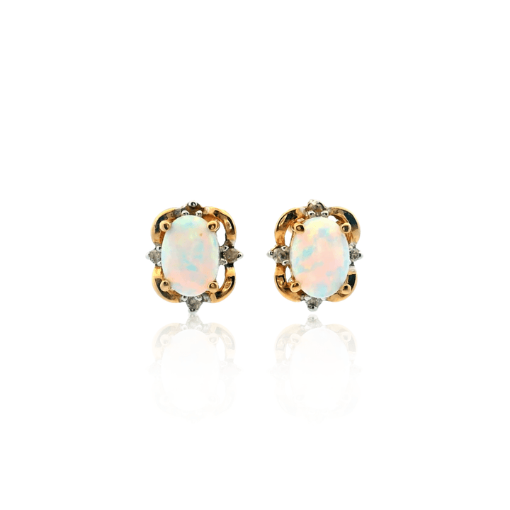 Estate 14K Yellow Gold 1.06CTW Oval Opal & Diamond Stud Earrings