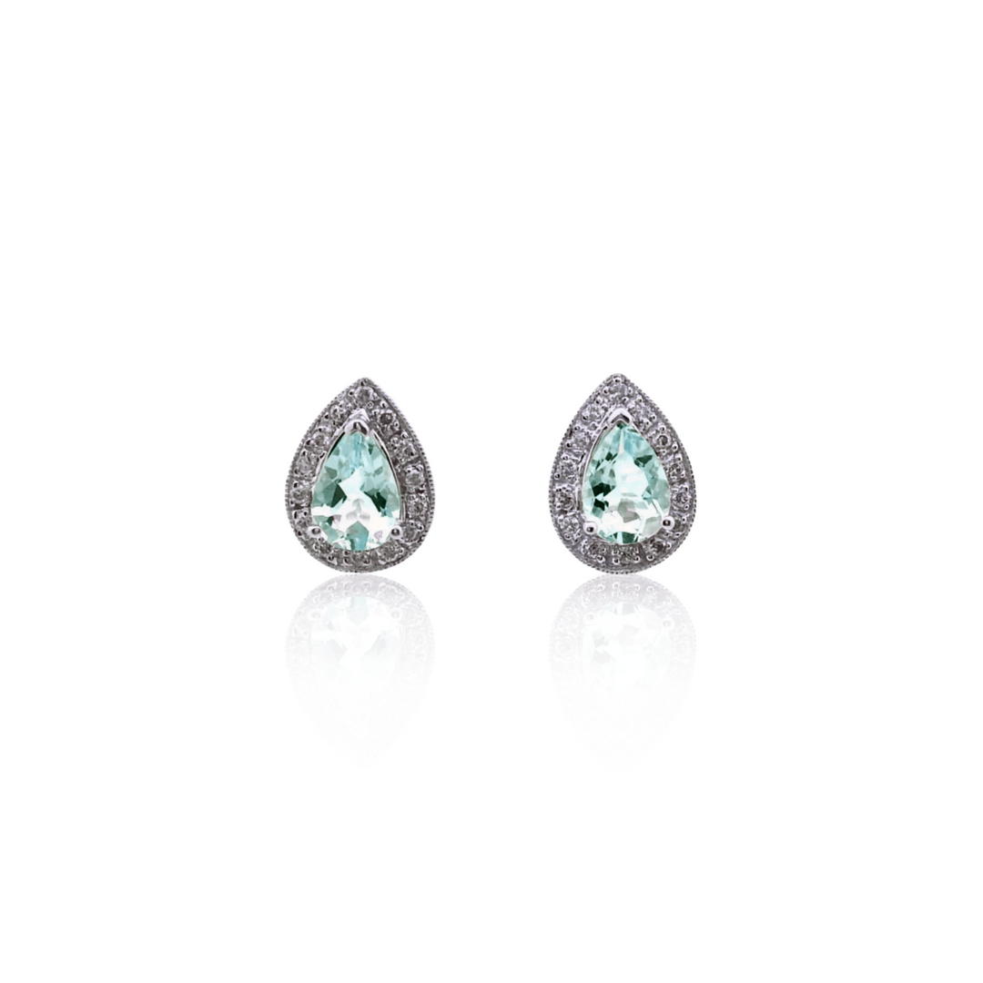Estate 14K White Gold 1.50CTW Pear-Shaped Aquamarine & Diamond Halo Stud Earrings