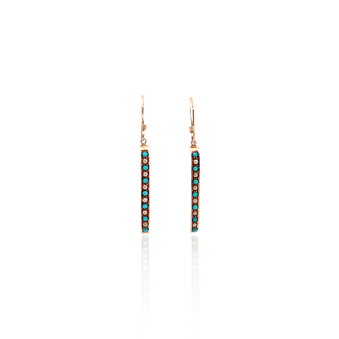 Estate 14K Yellow Gold Seed Pearl & Turquoise Antique Drop Earrings