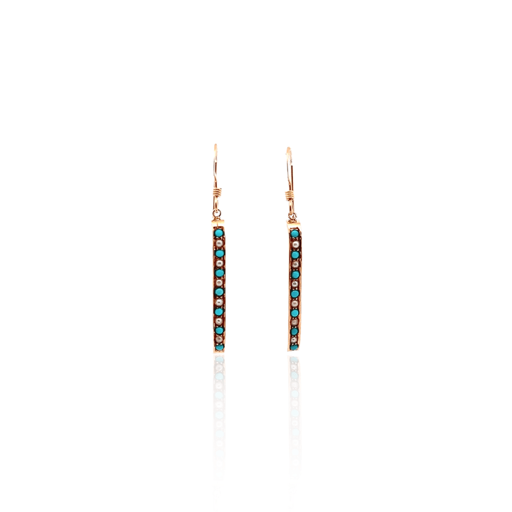 Estate 14K Yellow Gold Seed Pearl & Turquoise Antique Drop Earrings