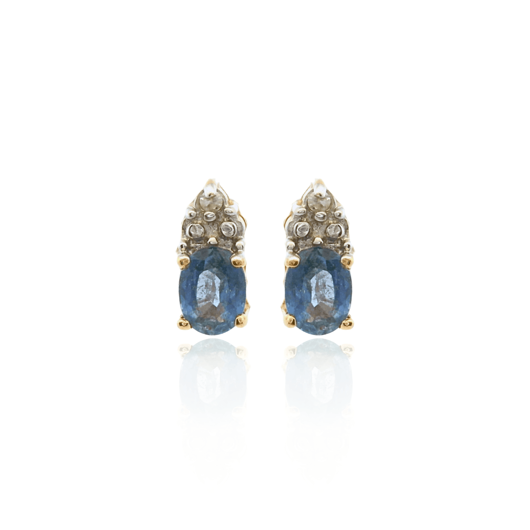 Estate 10K Yellow Gold Oval Blue Sapphire & Diamond Studs