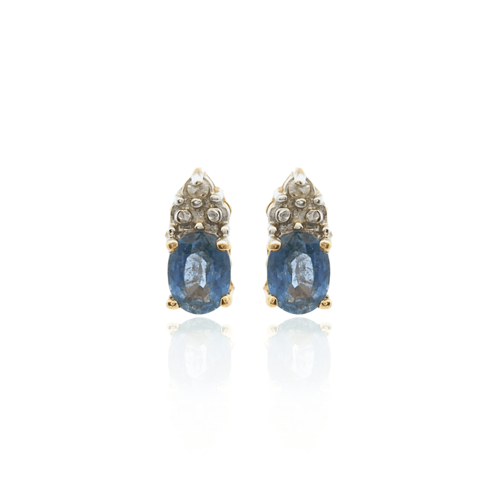 Estate 10K Yellow Gold Oval Blue Sapphire & Diamond Studs