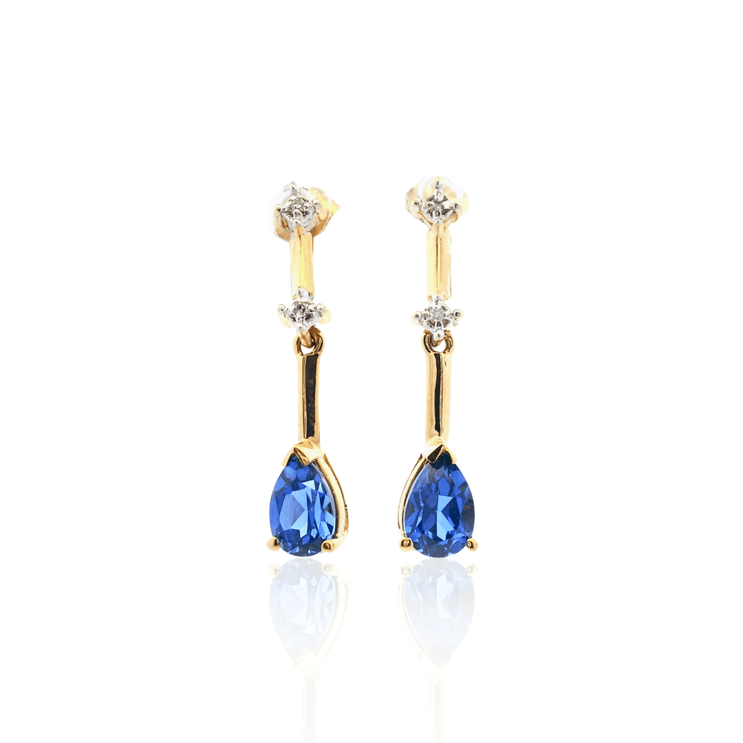 Estate 10K Yellow Gold 1.21CTW Pear-Shaped Synthetic Blue Sapphire & Diamond Bar Drop Earrings