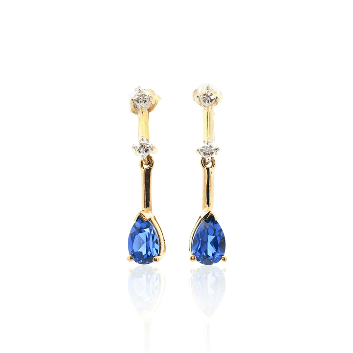 Estate 10K Yellow Gold 1.21CTW Pear-Shaped Synthetic Blue Sapphire & Diamond Bar Drop Earrings