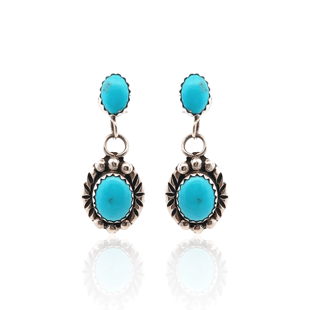 Estate Sterling Silver Oval Turquoise Vintage Drop Earrings