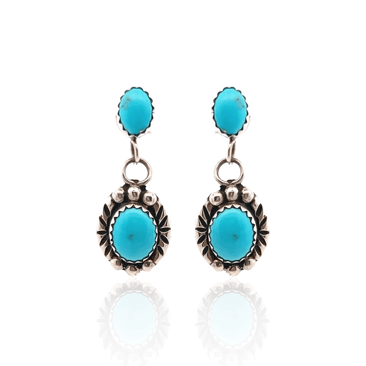 Estate Sterling Silver Oval Turquoise Vintage Drop Earrings