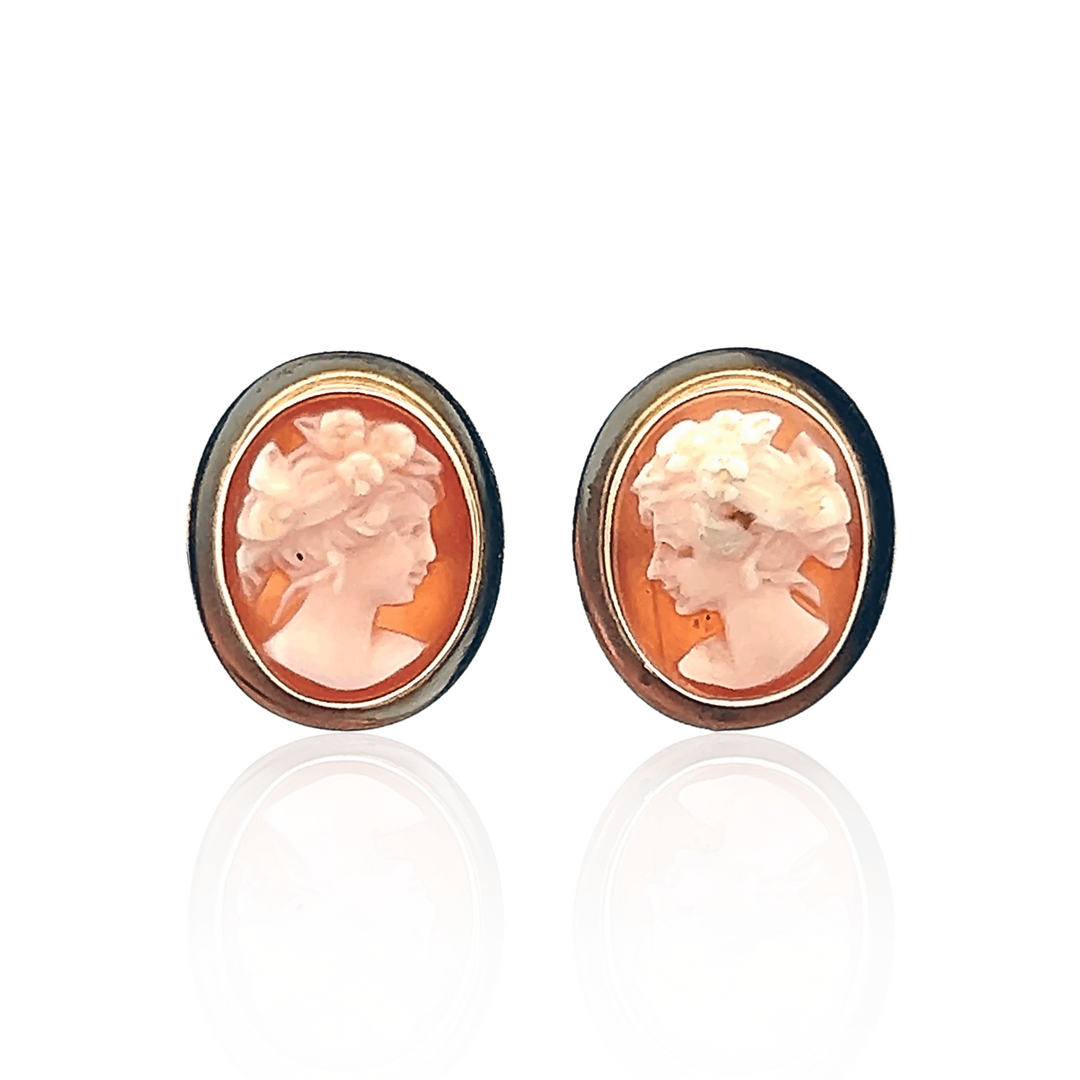 Estate 18K Yellow Gold Vintage Mid-Century Modern Shell Cameo Stud Earrings