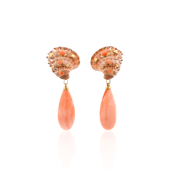 Estate 18K Yellow Gold Natural Seashell & Coral Clip-On Drop Earrings