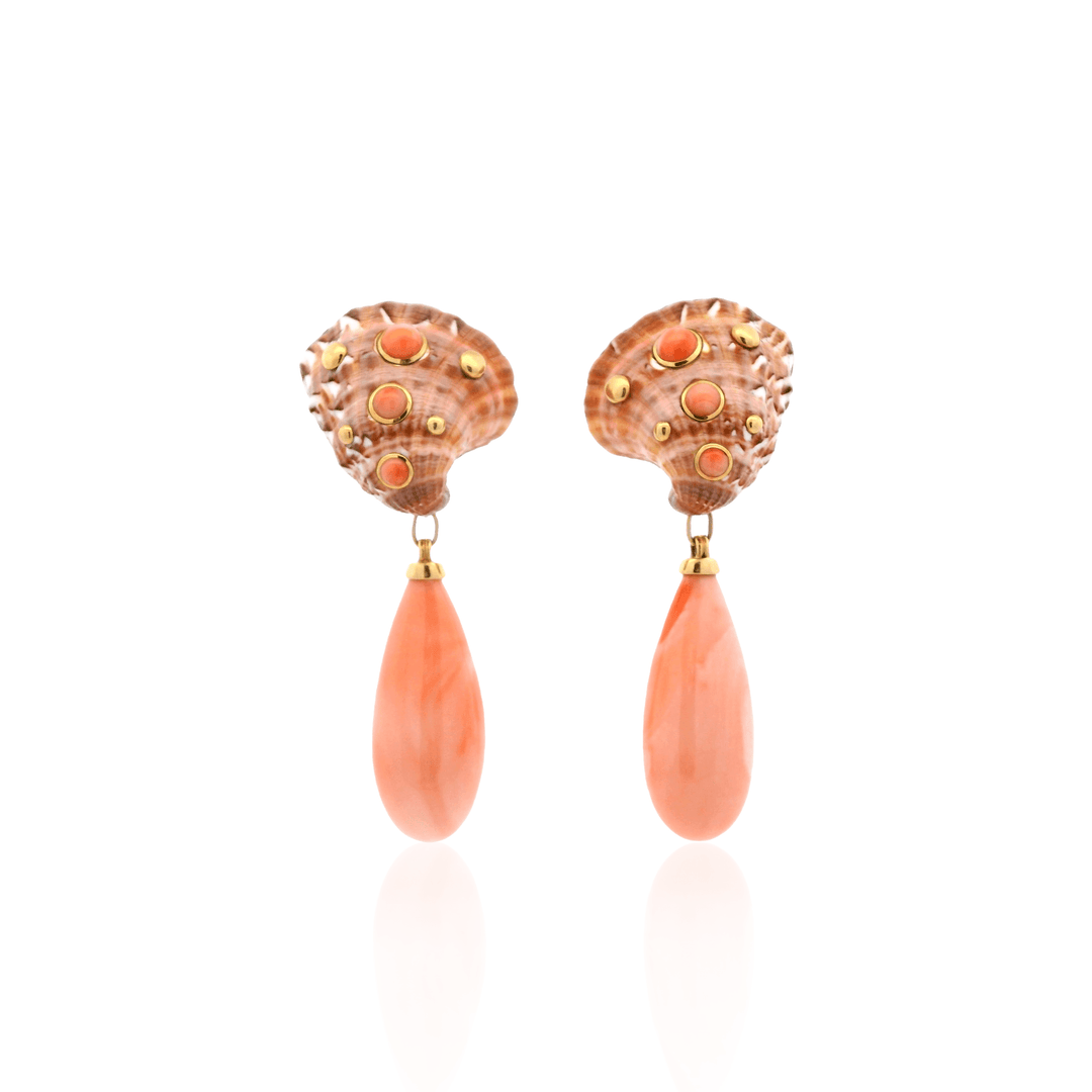 Estate 18K Yellow Gold Natural Seashell & Coral Clip-On Drop Earrings