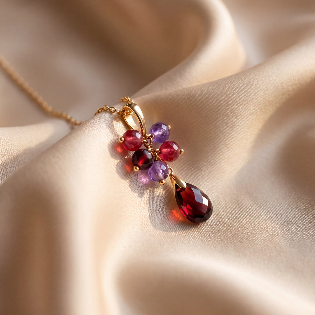 Estate 14K Yellow Gold 1.69 CT Rhodolite Garnet Briolette, Amethyst, Pink Tourmaline & Garnet Bead Pendant