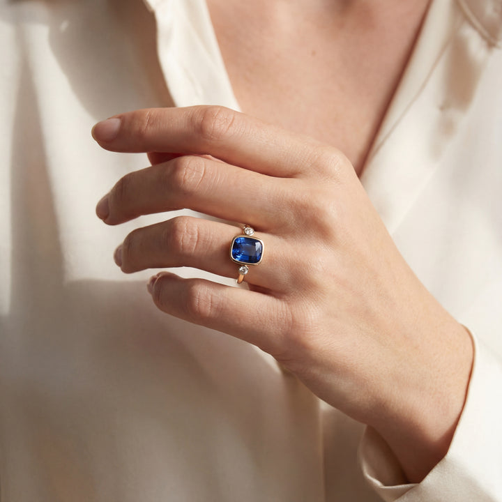 14K Yellow Gold 3.20CTW Cushion-Cut Blue Sapphire and Diamond Three-Stone Ring