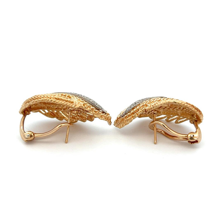 Estate 14K Two Tone Gold 0.20ctw Diamond Feather Stud Earrings