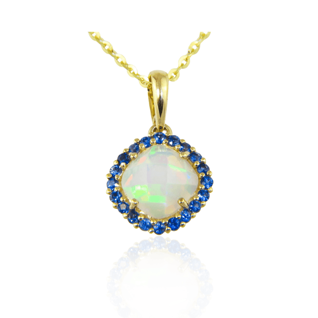 14K Yellow Gold 1.54CTW Ethiopian Opal & Blue Sapphire Halo Pendant Necklace by Bellarri