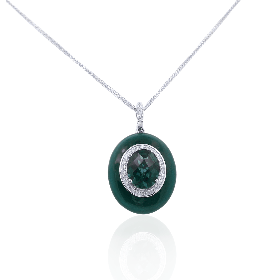 14K White Gold London Blue Topaz, Diamond & Enamel Halo Pendant Necklace by Bellarri