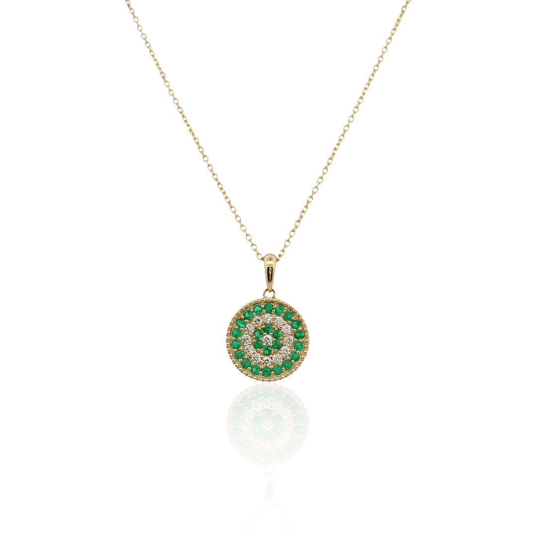 14K Yellow Gold 0.43CTW Emerald & Diamond Cluster Pendant Necklace