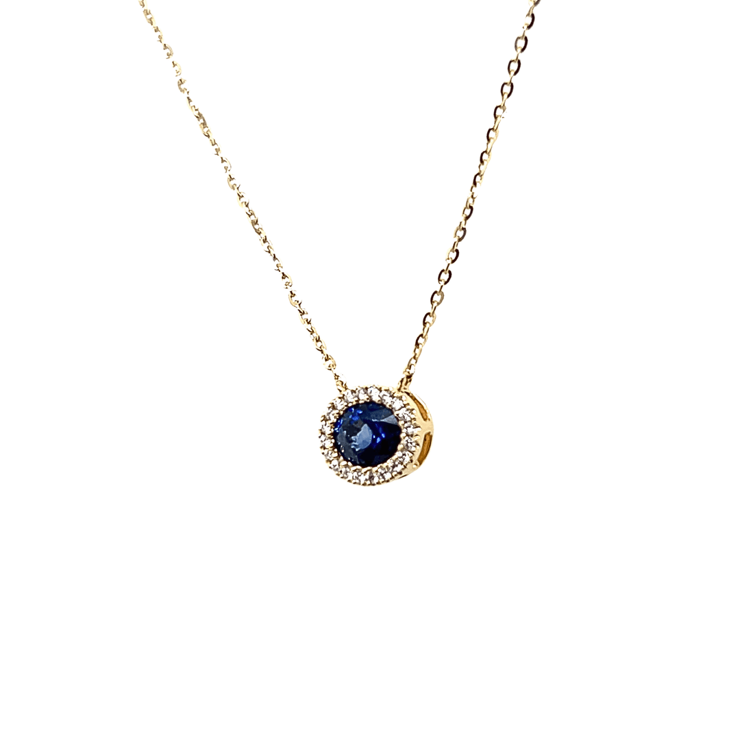 14K Yellow Gold 0.46CTW Oval Blue Sapphire & Diamond Halo Necklace