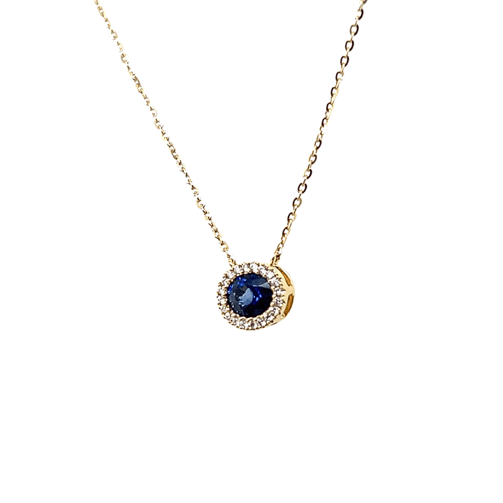 14K Yellow Gold 0.46CTW Oval Blue Sapphire & Diamond Halo Necklace