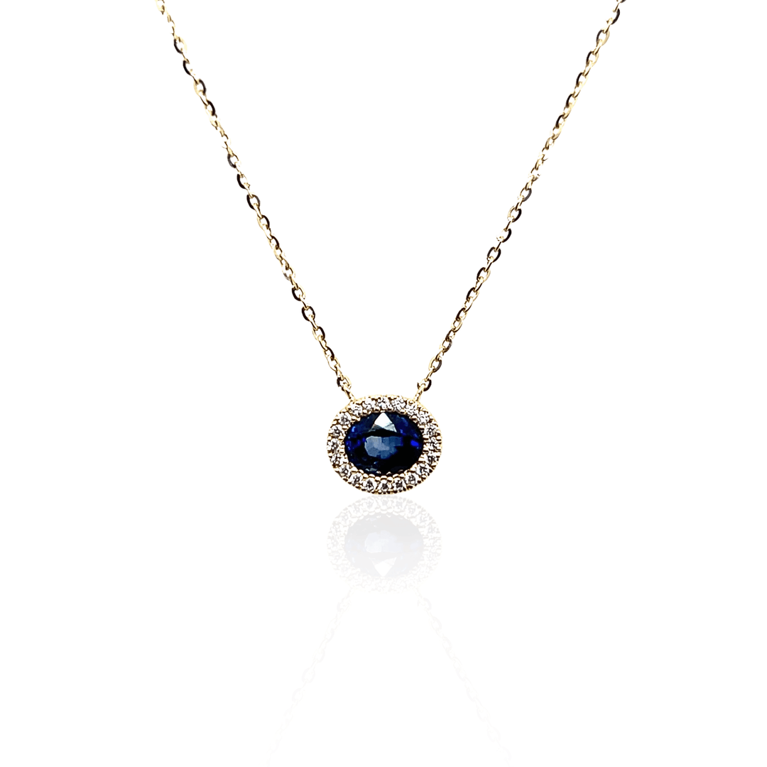 14K Yellow Gold 0.46CTW Oval Blue Sapphire & Diamond Halo Necklace