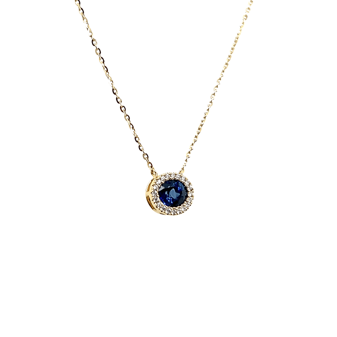 14K Yellow Gold 0.46CTW Oval Blue Sapphire & Diamond Halo Necklace