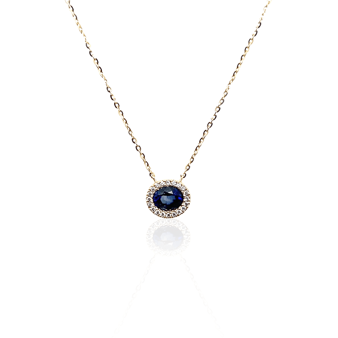 14K Yellow Gold 0.46CTW Oval Blue Sapphire & Diamond Halo Necklace