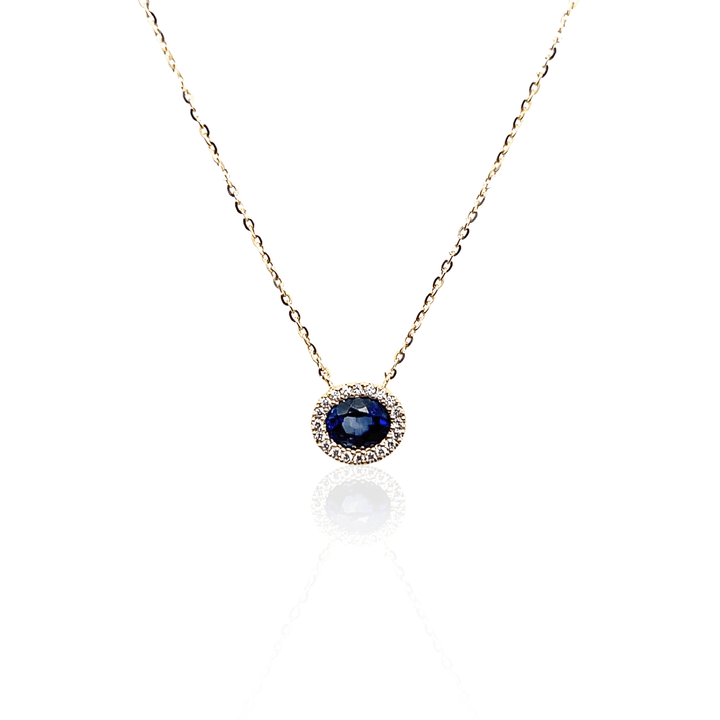 14K Yellow Gold 0.46CTW Oval Blue Sapphire & Diamond Halo Necklace
