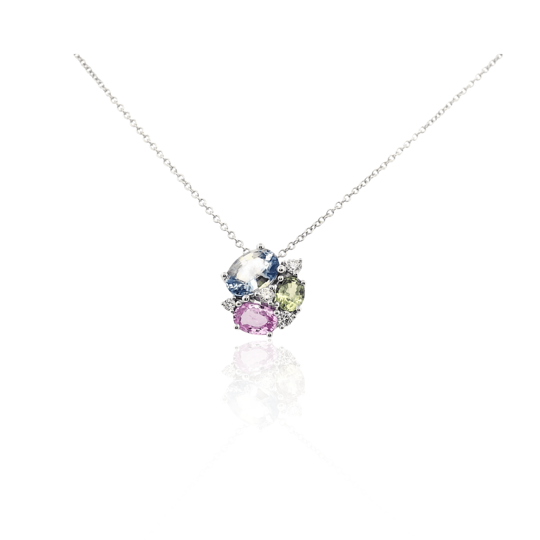 14K White Gold 2.13CTW Multi-Colored Sapphire & Diamond Cluster Necklace
