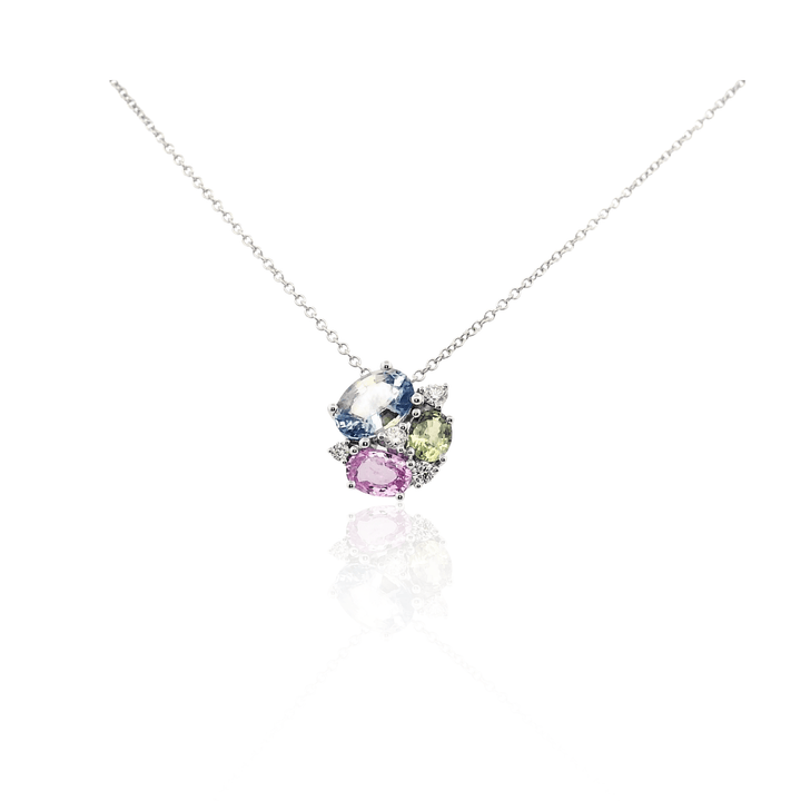 14K White Gold 2.13CTW Multi-Colored Sapphire & Diamond Cluster Necklace