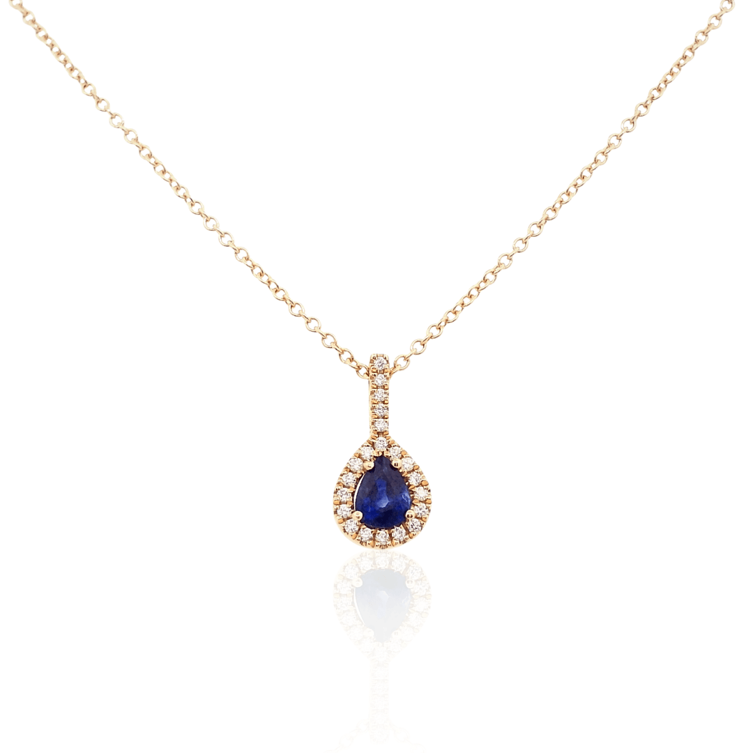 14K Yellow Gold 0.50CTW Pear-Shaped Blue Sapphire Diamond Halo Pendant Necklace