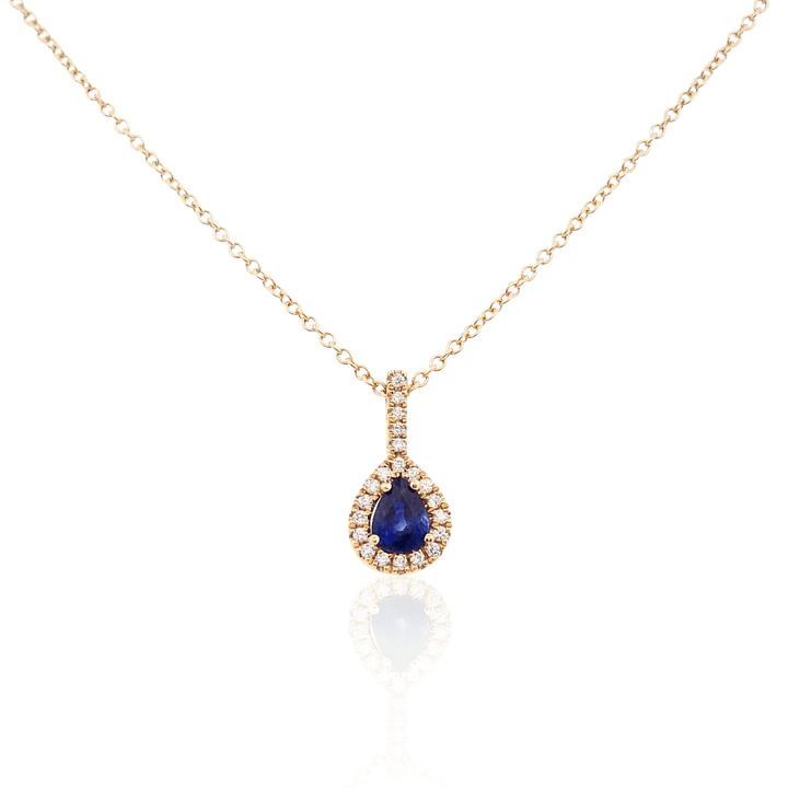 14K Yellow Gold 0.50CTW Pear-Shaped Blue Sapphire Diamond Halo Pendant Necklace