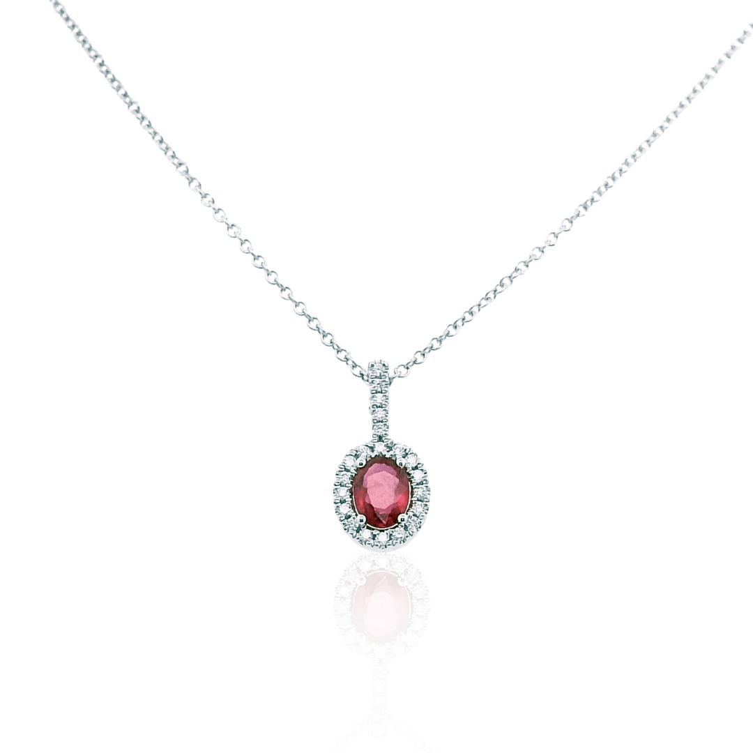 14K White Gold 0.53CTW Ruby & Diamond Halo Pendant Necklace