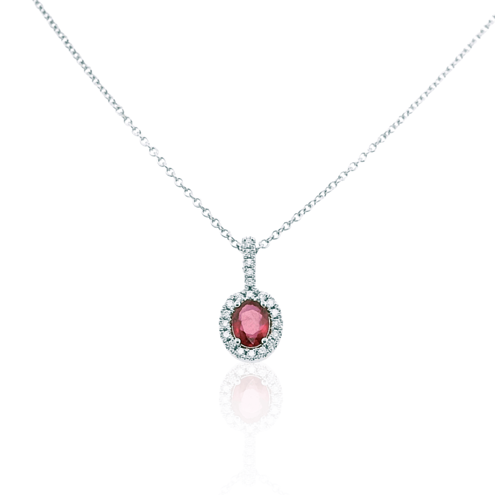 14K White Gold 0.53CTW Ruby & Diamond Halo Pendant Necklace