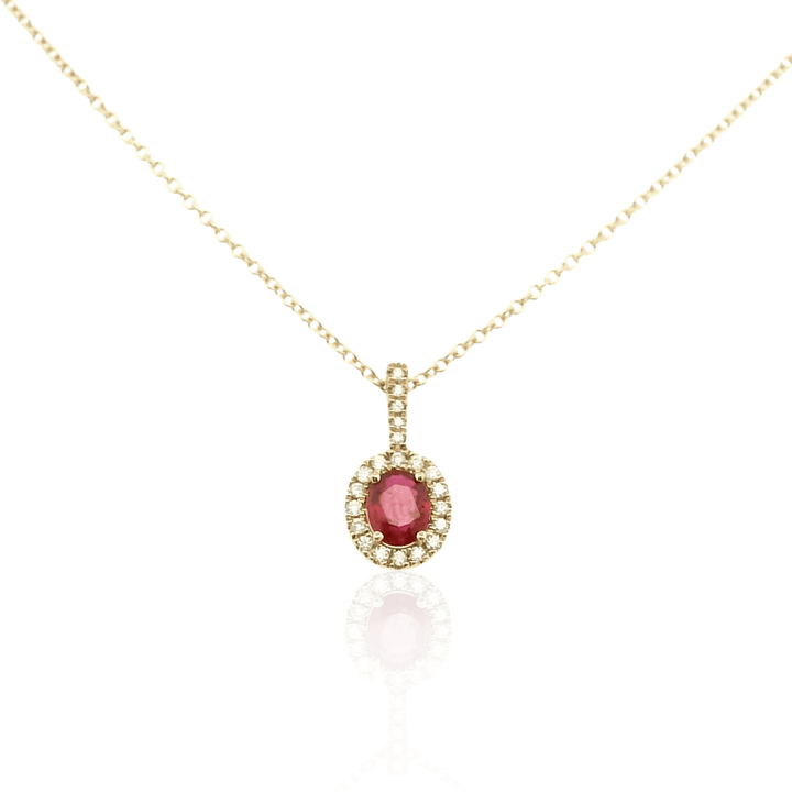 14K Yellow Gold 0.53CTW Oval Ruby & Diamond Halo Pendant Necklace