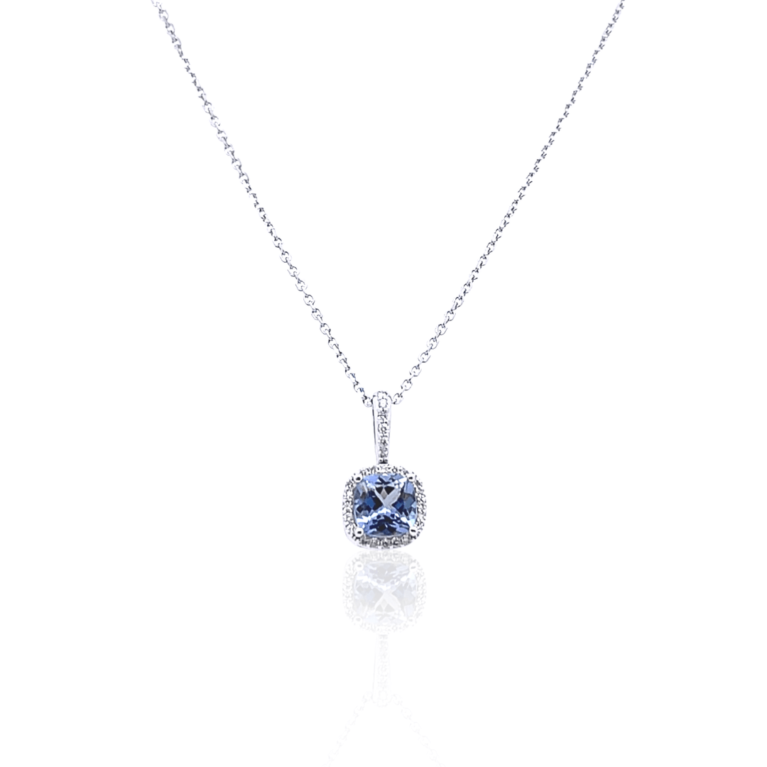 14K White Gold Cushion-Cut Tanzanite & Diamond Halo Pendant Necklace
