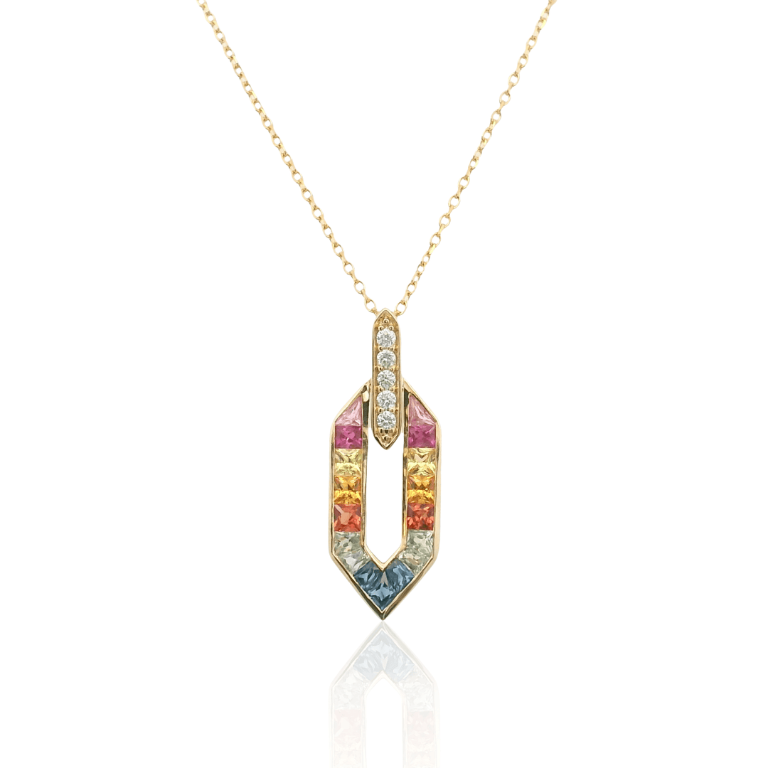 14K Yellow Gold 1.28CTW Multi-Color Sapphire & Diamond Geometric Pendant Necklace