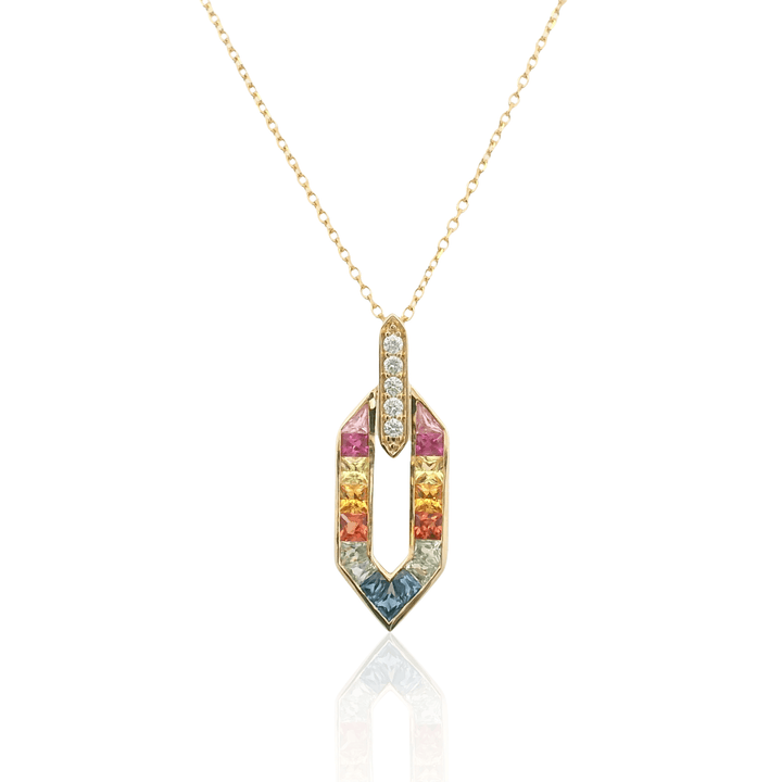 14K Yellow Gold 1.28CTW Multi-Color Sapphire & Diamond Geometric Pendant Necklace