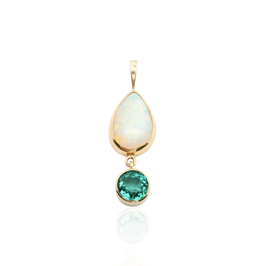 14K Yellow Gold 3.28CTW Pear-Shaped Opal & Green Tourmaline Drop Pendant