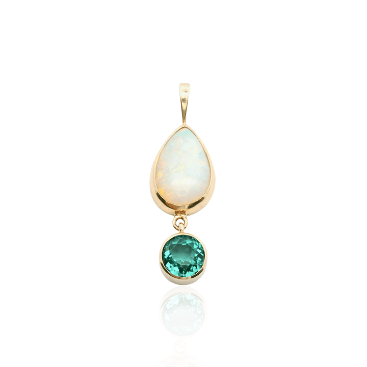 14K Yellow Gold 3.28CTW Pear-Shaped Opal & Green Tourmaline Drop Pendant