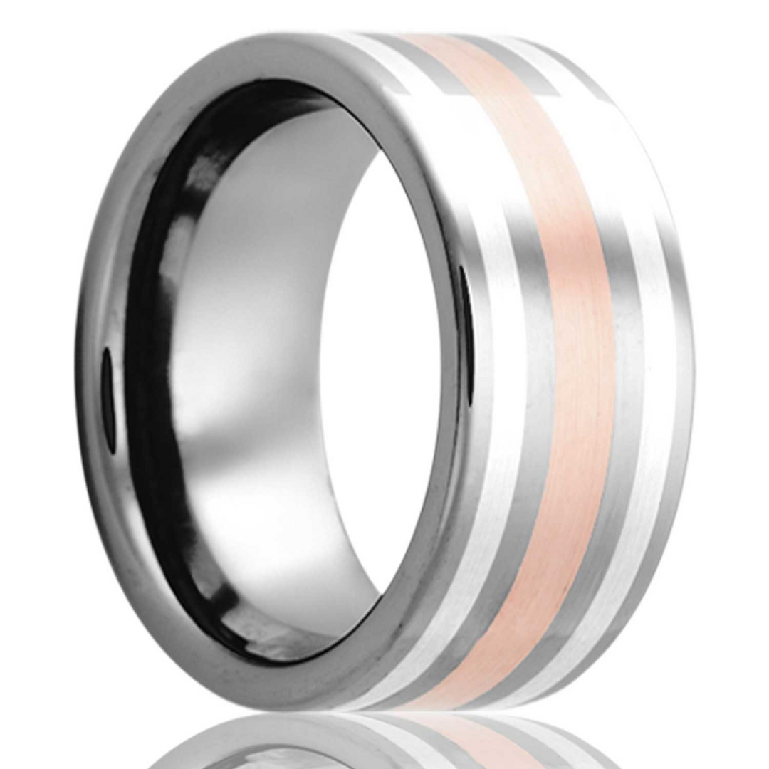 Tungsten Men's Wedding Band with Rose Gold and Silver Inlays