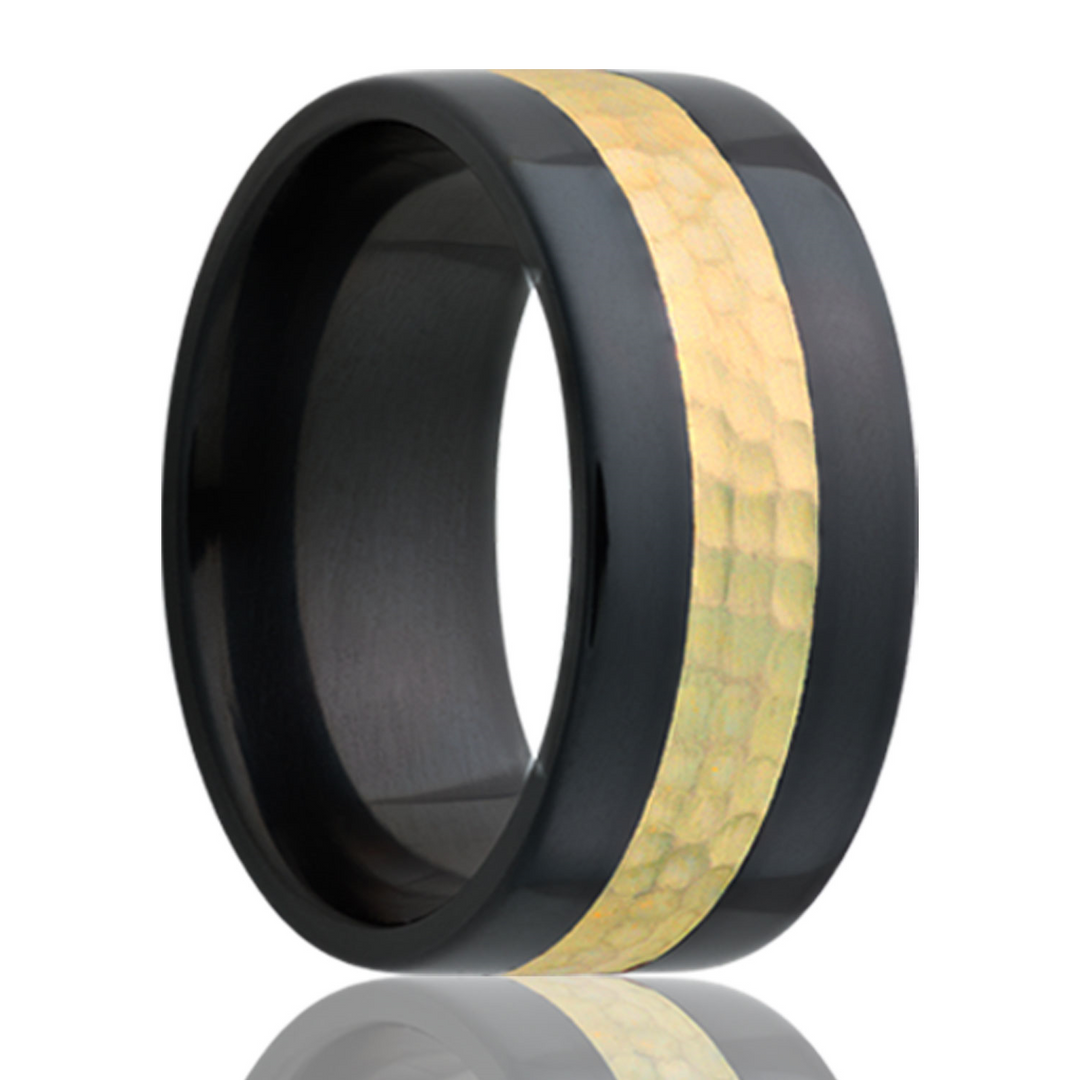 Black Zirconium Men's Wedding Band with 14K Gold Hammered Inlay