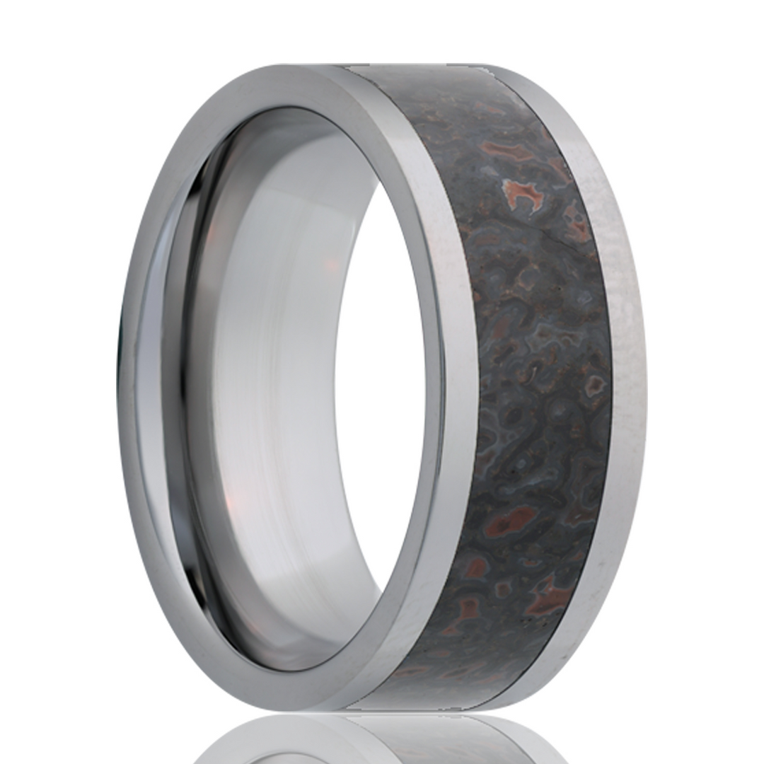Tungsten Men's Wedding Band with Gray Dinosaur Bone Inlay