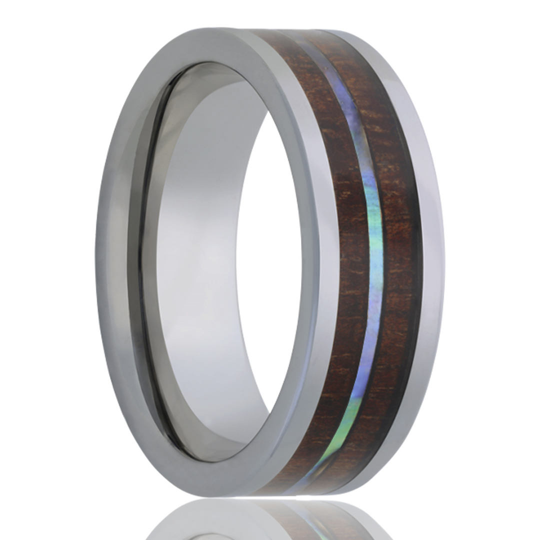 Tungsten Men's Wedding Band with Koa Wood & Abalone Inlays