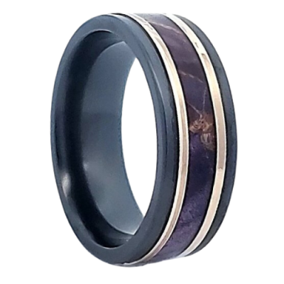 Zirconium Men's Wedding Band with 14K Gold & Purple Burl Wood Inlays