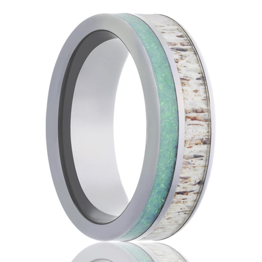 Tungsten Men's Wedding Band with Antler & Opal Inlays