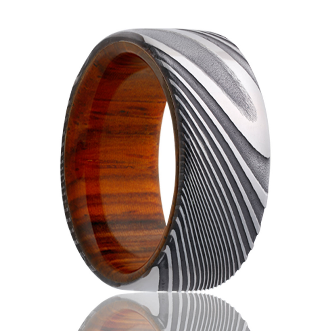 Twisted Damascus Steel Men's Wedding Band with Cocobolo Wood Sleeve