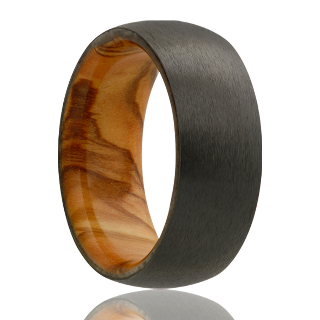 Black Zirconium Men's Wedding Band with Olive Wood Sleeve